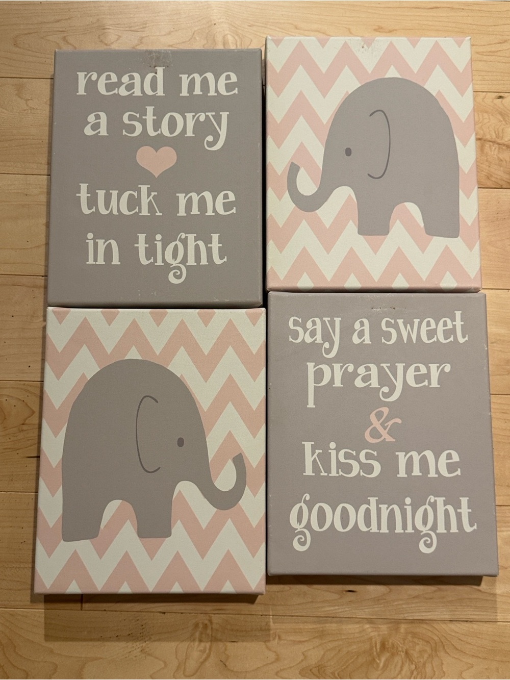 Nursery Wall Art Set - Pink & Gray Elephant Quote Canvases - set of 4